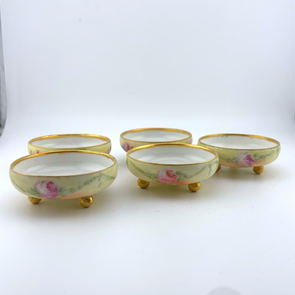 O.&E.G. Royal Austria Porcelain Salt Cellars Set of 5‎ Hand Painted Pink Roses